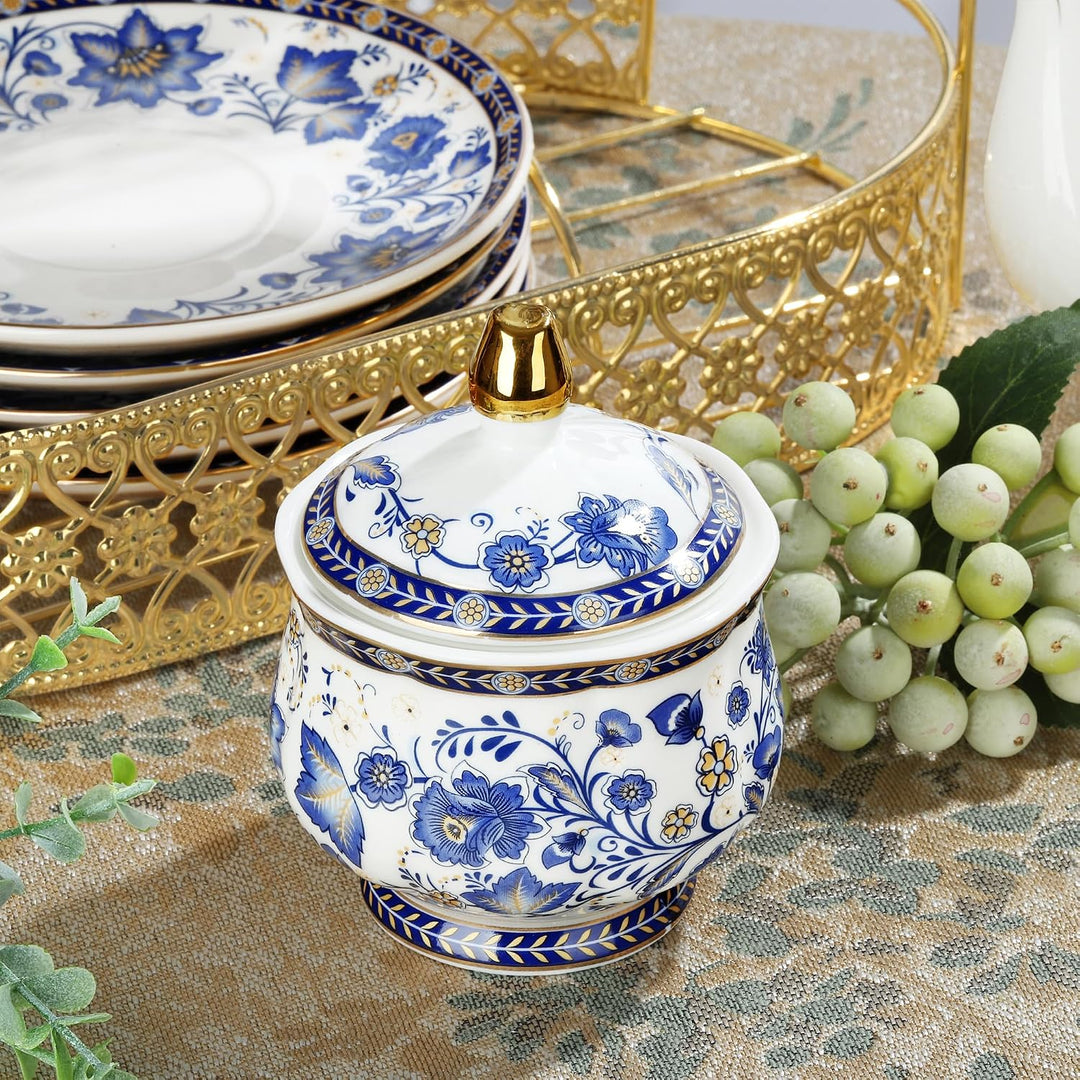 fanquare Blau Blume Porzellan Teeservice mit Metallständer, Vintage Porzellan Kaffeetasse und Untert