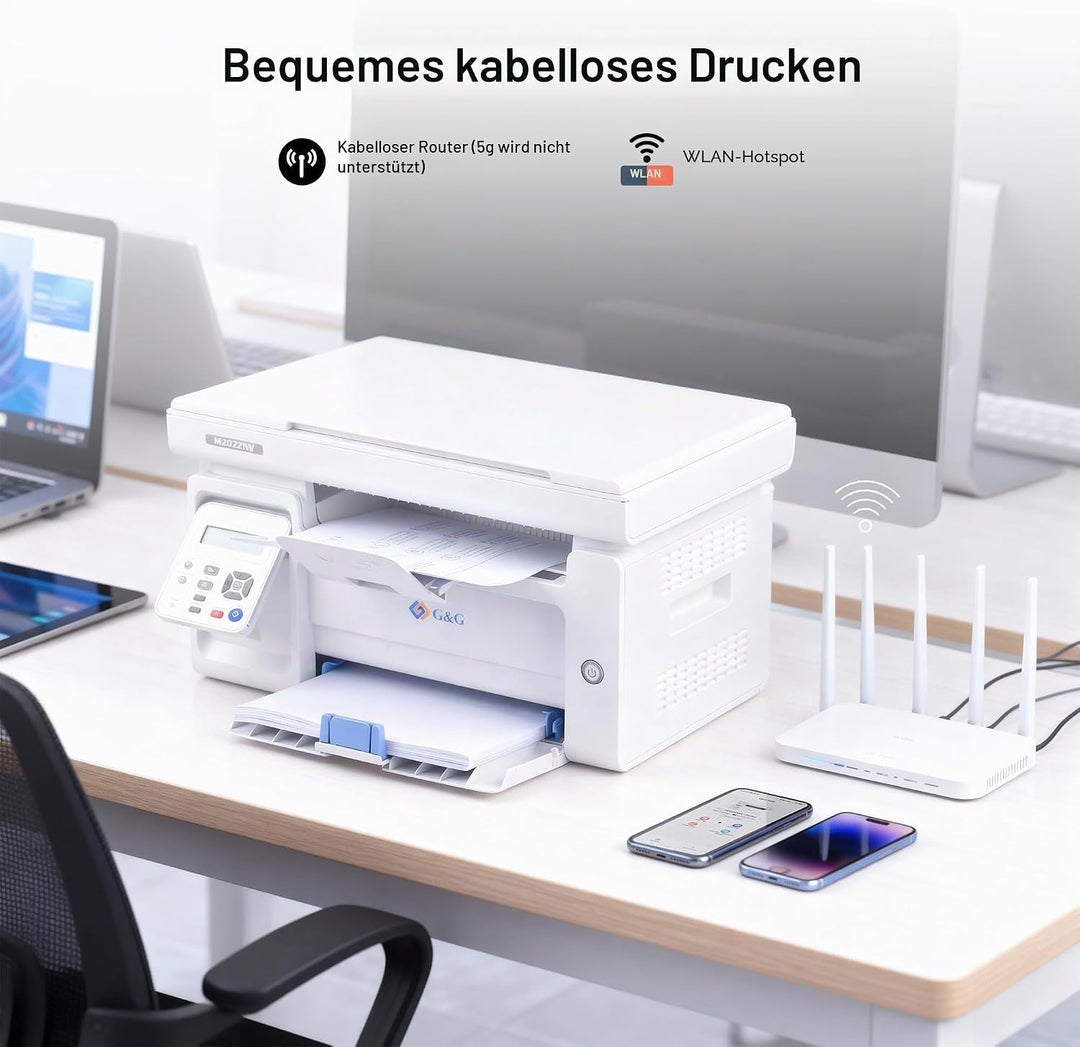 G&amp;G M2022NW Laserdrucker - Multifunktionsgerät mit Drucker, Scanner und Kopierer,Schwarz-Weiss,WLAN(