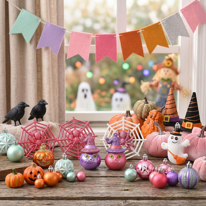 Valery Madelyn 40 Stücke Halloween Kugeln Ornamente (Rosa, Grün) | Freche Dekorative Bruchsichere Ha