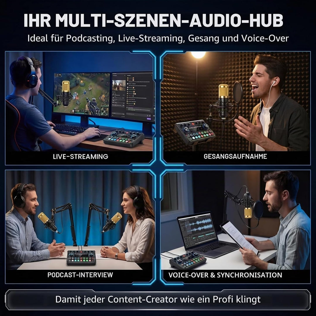 Podcast Equipment Bundle - Podcast Mikrofon Set, Mixer Kit mit Live Soundkarte, for Streaming Singin
