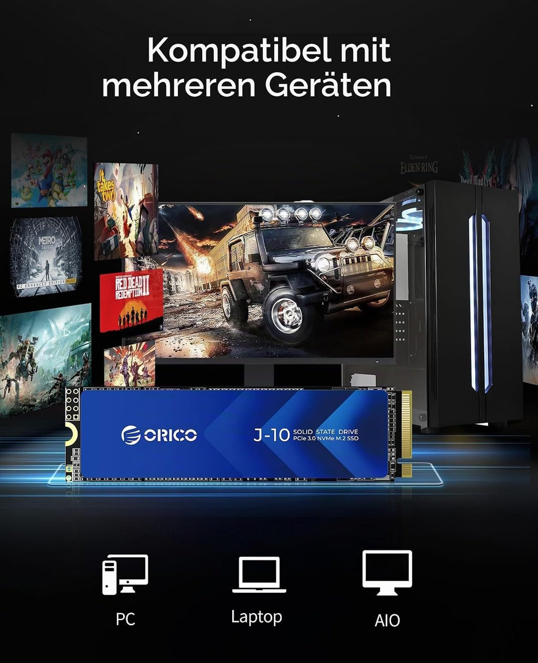 ORICO NVMe SSD M.2 512G PCIe Gen3.0x4 2280, 3D NAND Interne SSD mit Kühlkörper, bis zu 3100 MB/s,Int