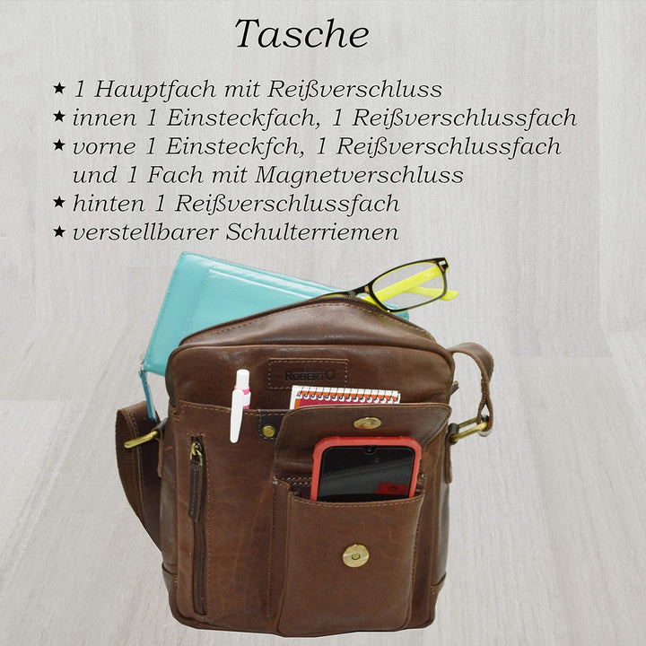 flevado Leder Schultertasche Umhängetasche Unisex Büffelleder Studitasche (dunkelbraun)