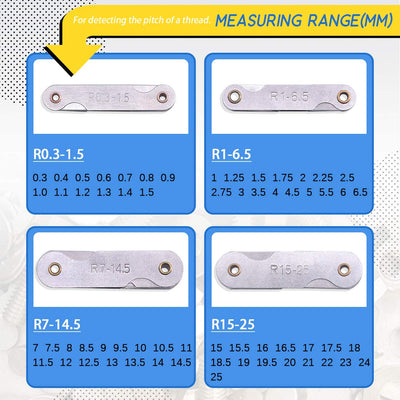 Glarks 4 Pack R0.3-1.5/ R1-6.5/ R7-14.5/ R15-25 Radius Gauge Set, Stainless Steel Radius Fillet Gage