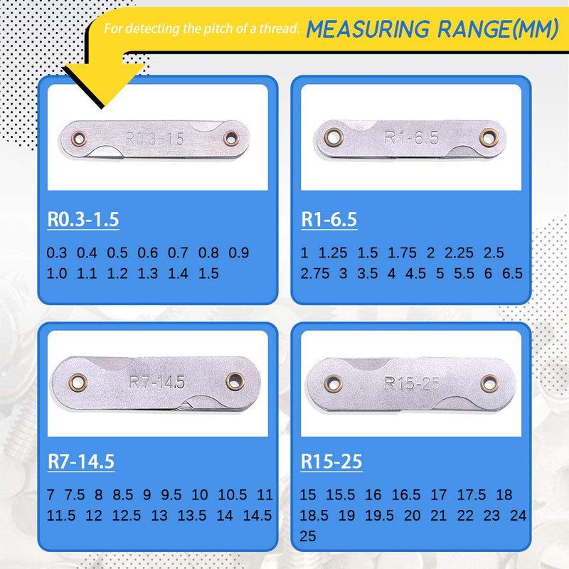 Glarks 4 Pack R0.3-1.5/ R1-6.5/ R7-14.5/ R15-25 Radius Gauge Set, Stainless Steel Radius Fillet Gage