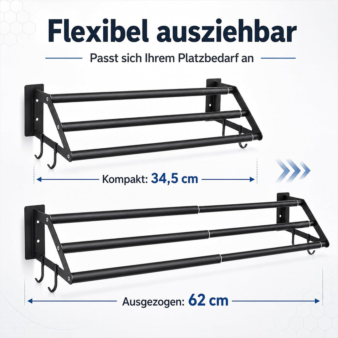 Handtuchhalter Bad 3-lagig Ohne Bohren, 34.5-62cm Ausziehbarer Handtuchstange Schwarz, Edelstahl Bad