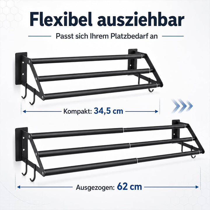 Handtuchhalter Bad 3-lagig Ohne Bohren, 34.5-62cm Ausziehbarer Handtuchstange Schwarz, Edelstahl Bad