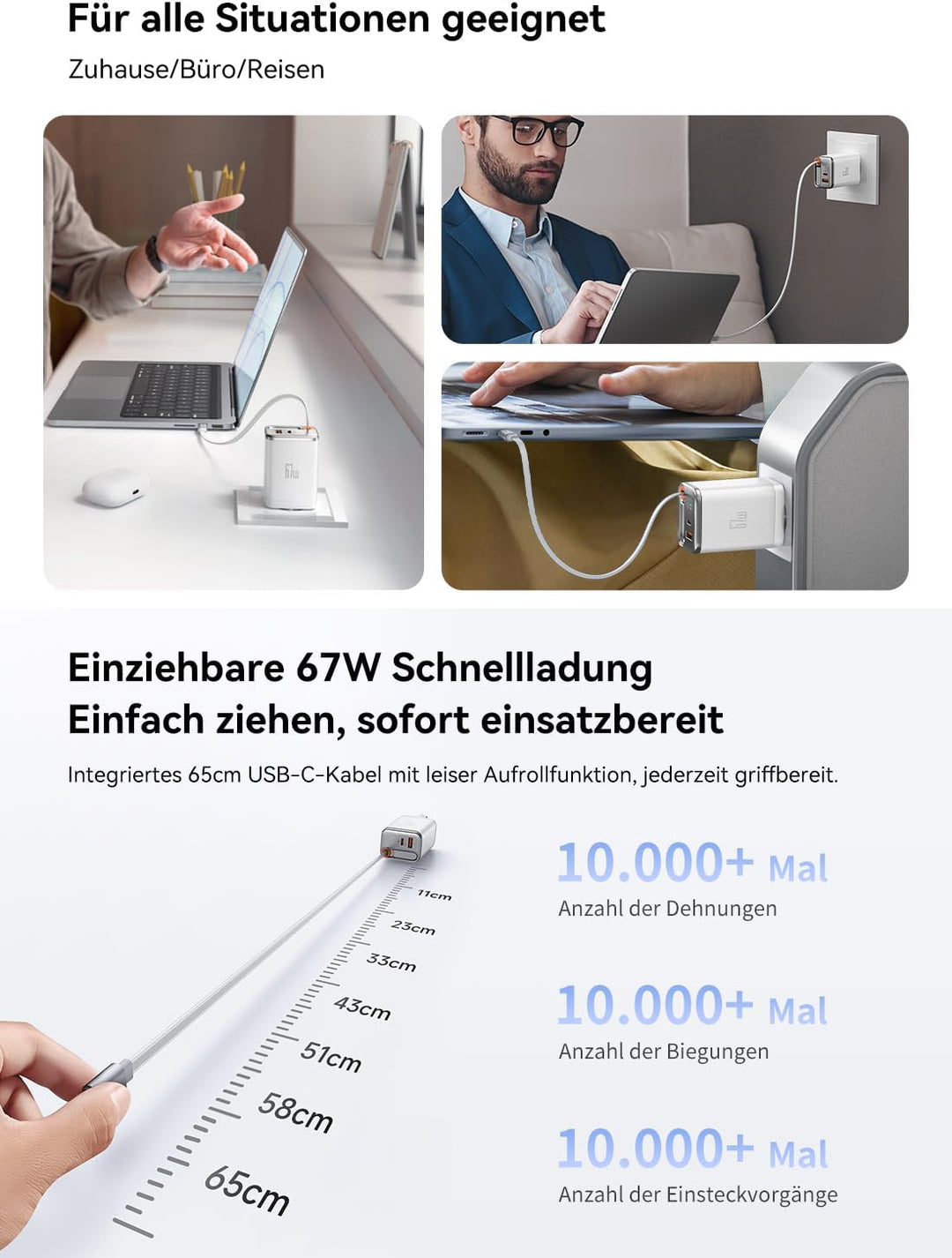 Mcdodo 67W USB C Ladegerät mit Einziehbarem Kabel Netzteil USB C GaN Schnellladegerät 3-Port 67W GaN