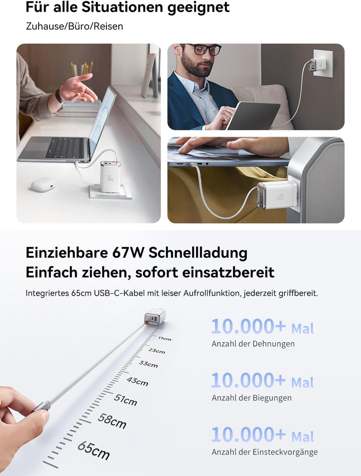 Mcdodo 67W USB C Ladegerät mit Einziehbarem Kabel Netzteil USB C GaN Schnellladegerät 3-Port 67W GaN