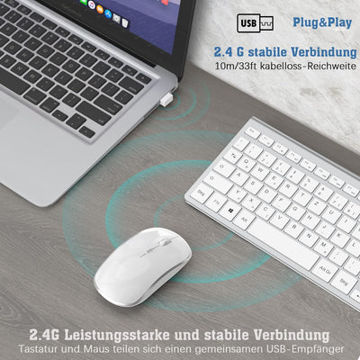 JOYACCESS Tastatur Maus Set Kabellos, 2.4G Kabellose Tastatur mit 2400DPI Funkmaus Wiederaufladbar K