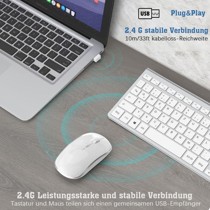 JOYACCESS Tastatur Maus Set Kabellos, 2.4G Kabellose Tastatur mit 2400DPI Funkmaus Wiederaufladbar K