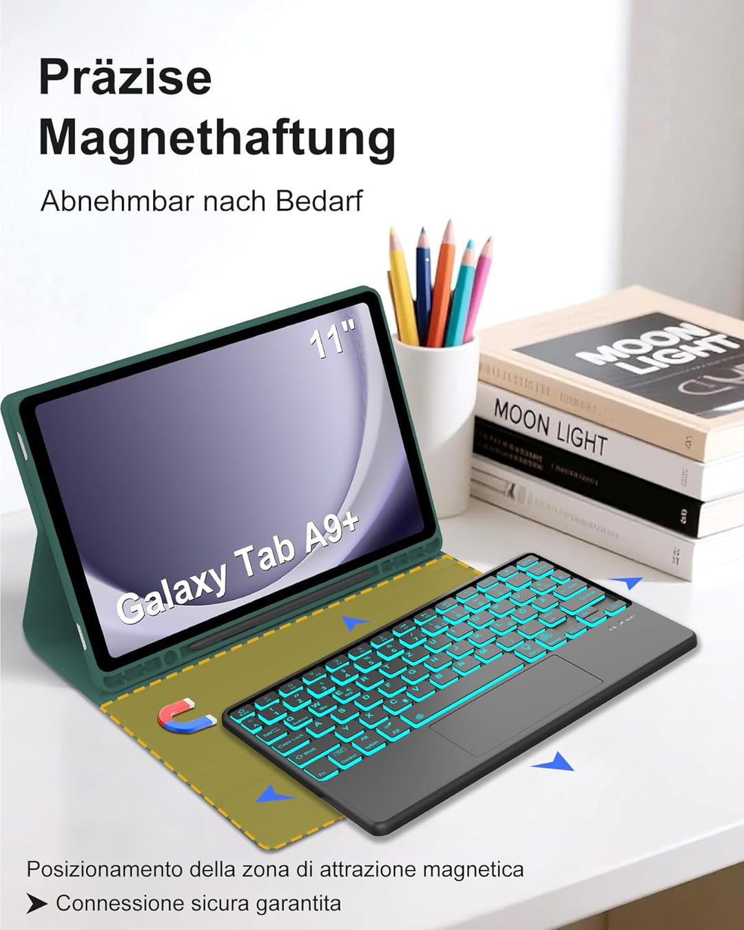 Hülle mit Tastatur für Samsung Galaxy Tab A9+ 11" (2023, SM-X210/X215/X216), Deutsch QWERTZ mit 7-Fa