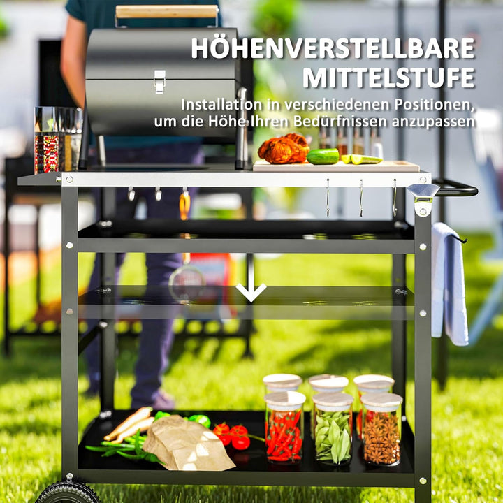 Outsunny Grillwagen 3-Etagen Servierwagen mit Arbeitsfläche Griffe Hülle Räder, höhenverstellbar BBQ