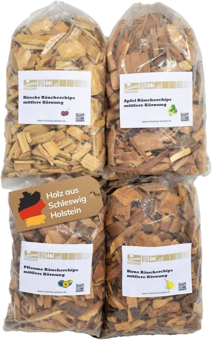 Landree® Starter-Set Räucherchips Kirsche, Apfel, Birne, Pflaume - 4 x 2 Liter -Altes Land- Wood Chi