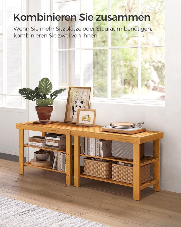 SONGMICS Schuhregal, Schuhschrank mit Sitzbank, Bambus Schuhbank mit 3 Ablagen, 70 x 28 x 45 cm idea
