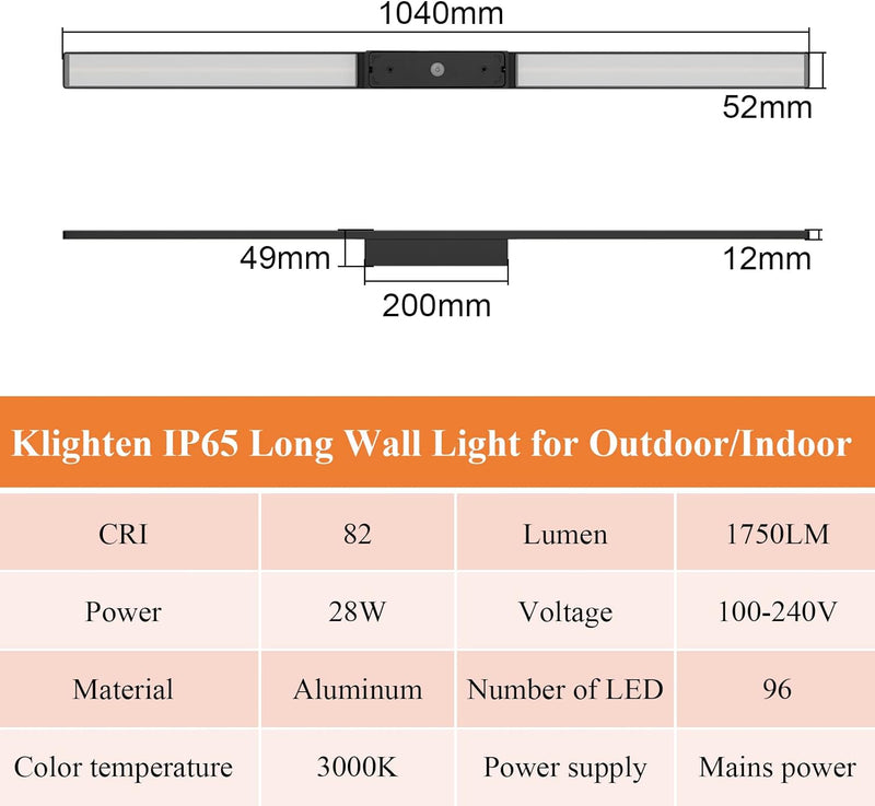 Klighten Lange Wandleuchte LED Aussen Innen 28W 1750LM, Aussenwandleuchten Wasserdicht IP65 Aussenla