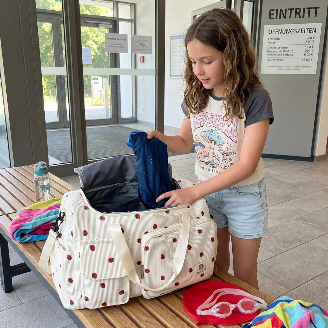 Sporttasche Kinder Reisetasche Mädchen Damen mit Schuhfach und Nassfach Cord Schwimmtasche Weekender
