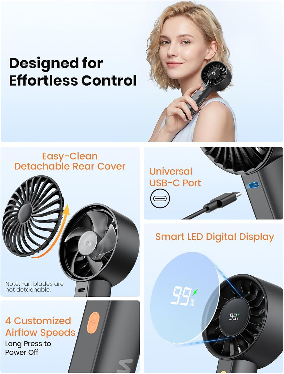 Warmco HC2 5000mAh Handventilator für Reise und Outdoor | 6-18 Std. Laufzeit, 7m/s Luftstrom, 4 Stuf