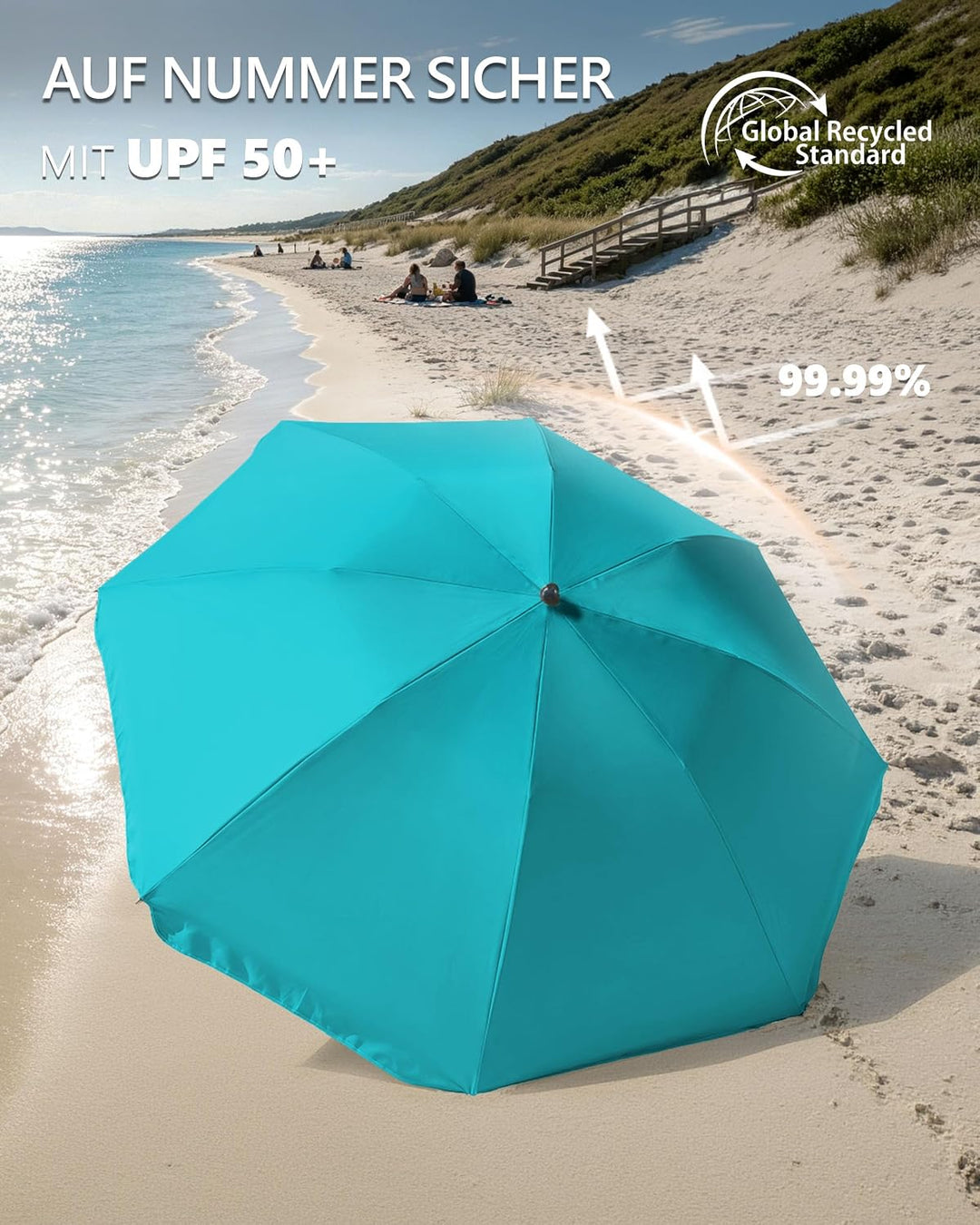 4smile Sonnenschirm Strand Ø 180 cm, Türkis | UPF 50+ Strandschirm, sicherer Sonnenschutz Strand, St