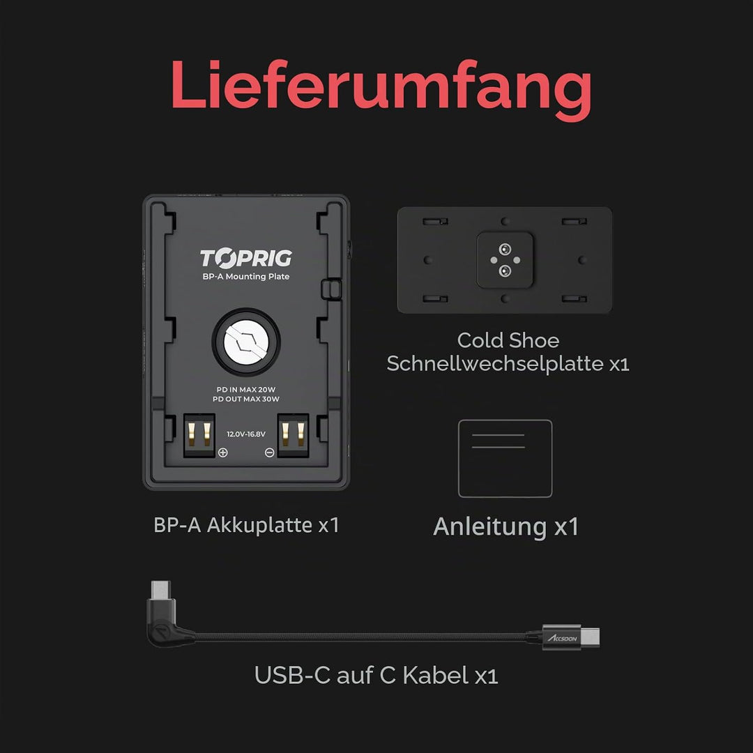 Accsoon TOPRIG BP-A Akkuplatte für EOS BP-A Typ Akkus, 30 W PD-Ausgang, 60 W Max für EOS Cinema Kame
