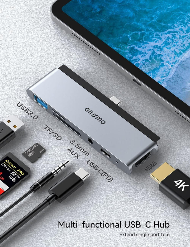 GIISSMO iPad Pro Adapter, USB C Hub with HDMI 4K, USB-C PD, USB-A, SD/TF Card Reader, 3.5 mm Audio J