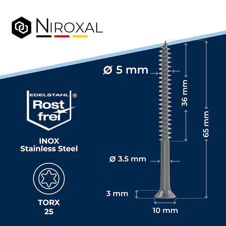 Edelstahlschrauben Torx Holzschrauben 5x65 Edelstahl V2A rostfrei Spanplattenschrauben für Holz Teil