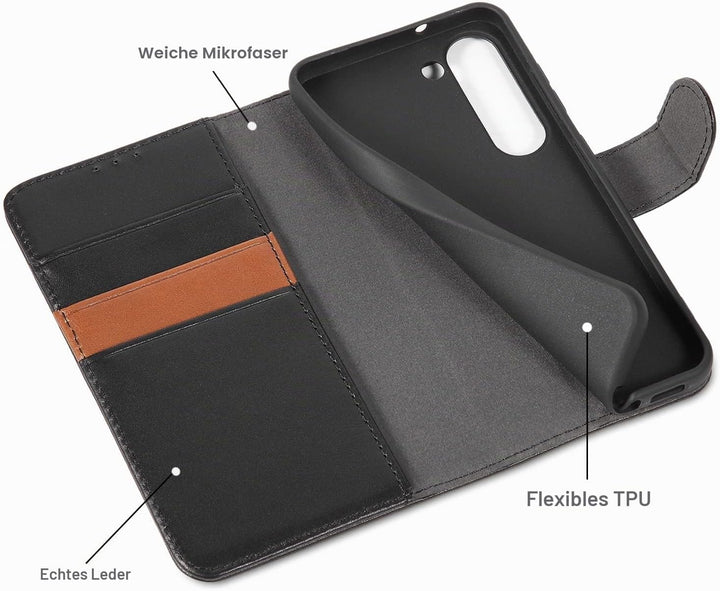 LENSUN Echtleder Hülle für Samsung Galaxy S23, Handyhülle [Echtes Leder] [Magnetverschluss] [RFID Sc