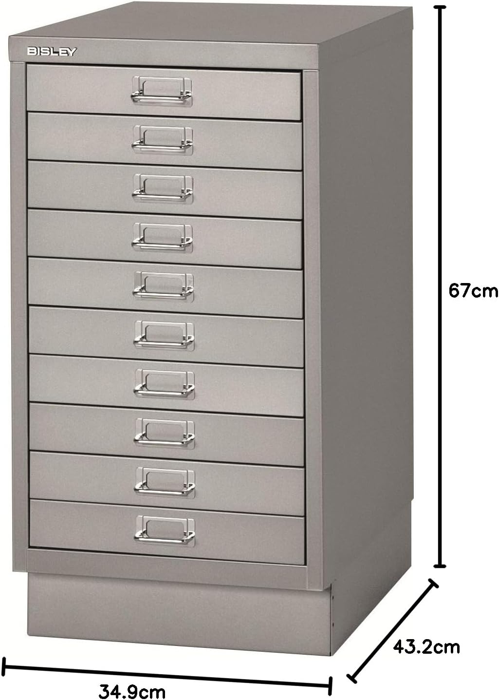 BISLEY MultiDrawer, 29er Serie mit Sockel, DIN A3, 10 Schubladen, Metall, 355 Silber, 43.2 x 34.9 x