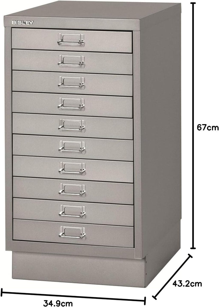 BISLEY MultiDrawer, 29er Serie mit Sockel, DIN A3, 10 Schubladen, Metall, 355 Silber, 43.2 x 34.9 x
