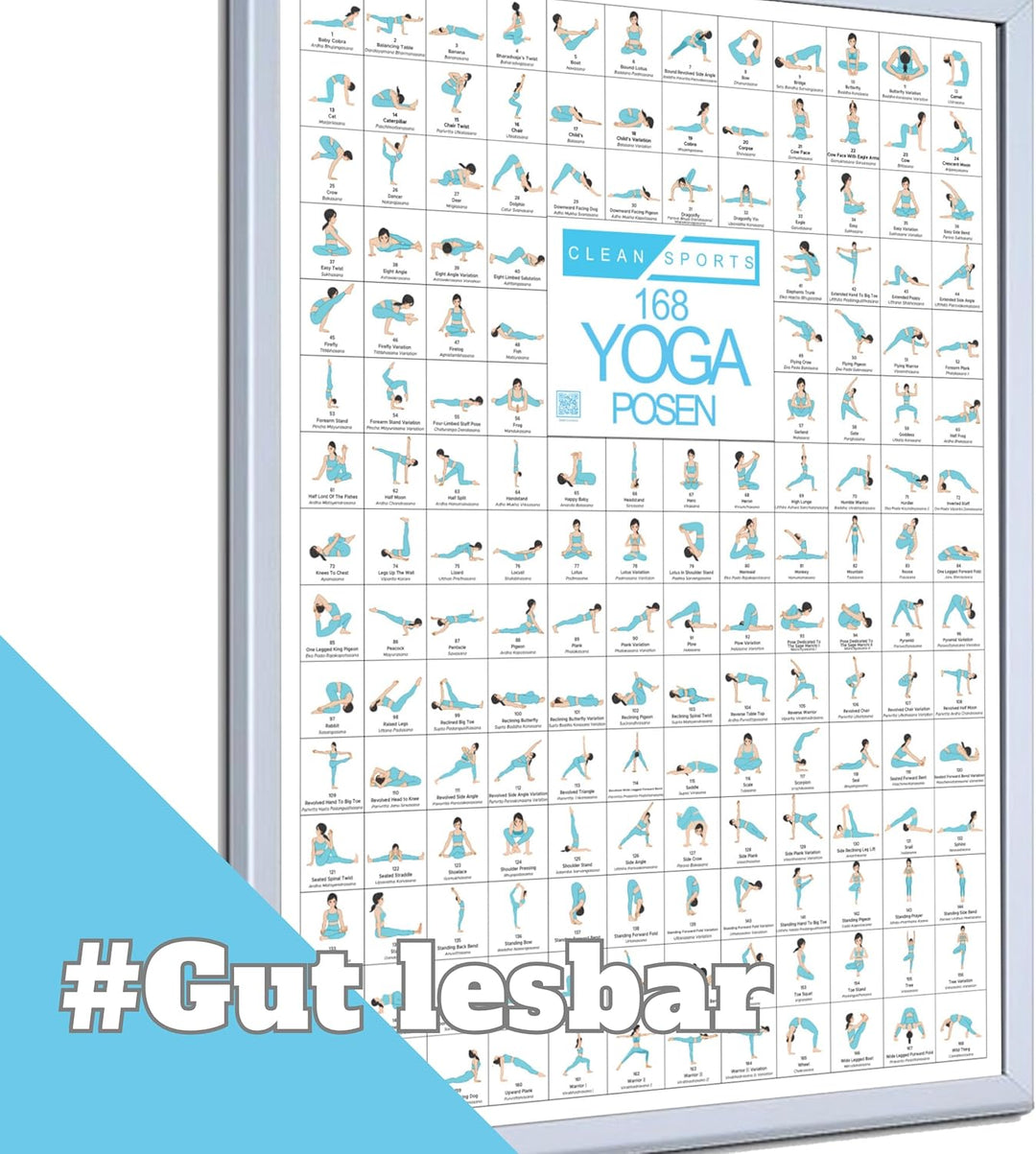 CLEAN SPORTS Yoga Poster DIN A1 mit 168 Asanas und Hatha Posen • Praktisches Asanas Plakat für Übung