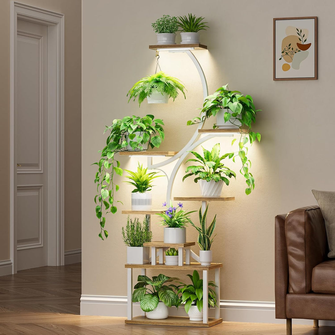 BACEKOLL Pflanzenständer mit Wachstumslicht - 8 Ebenen Blumenständer 157cm Metall Holz Pflanzenregal