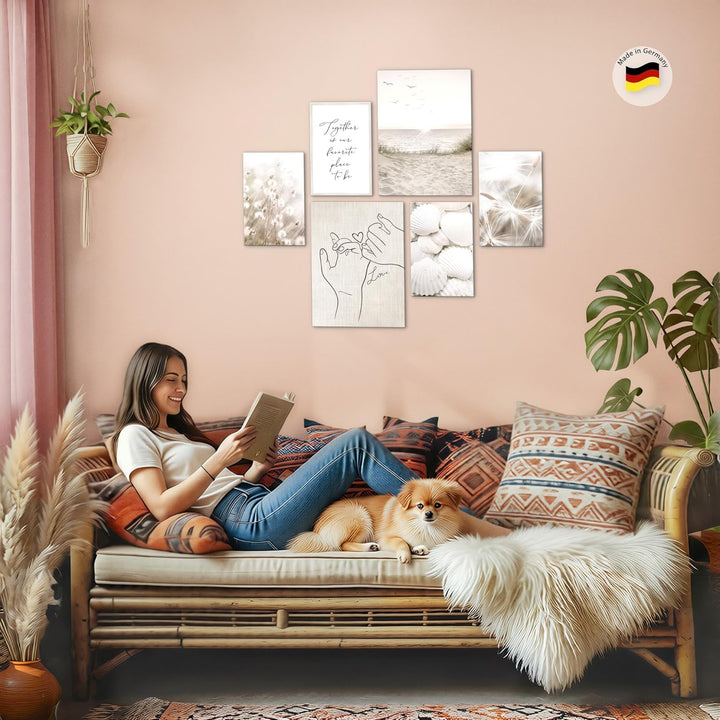 Novart Bilder Set - AUFHÄNGFERTIG - KEIN EXTRA RAHMEN BENÖTIGT - Boho Strand Modern Beige - Wohnzimm