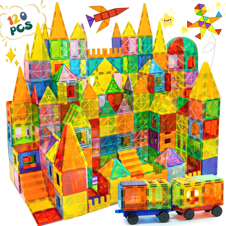 Olvy Magnetische Bausteine Montessori Spielzeug - 120 Magnetic Tiles Kinder - Magnetisches Konstrukt