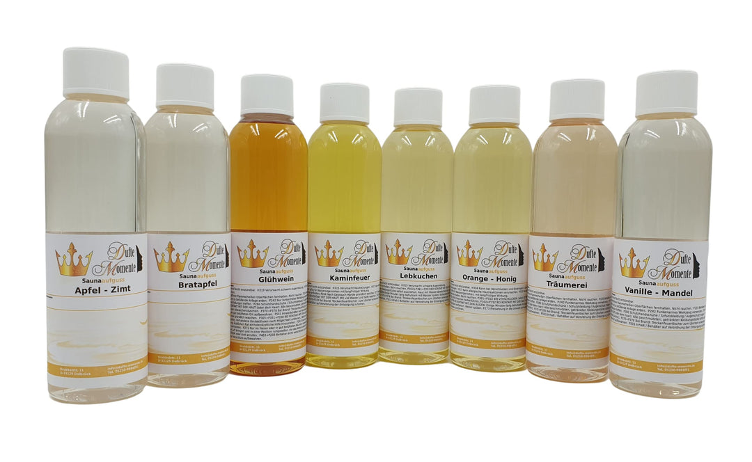 Weihnachtsduft 8 x 250ml Saunaaufguss Konzentrat - u.a. Apfel-Zimt, Bratapfel, Lebkuchen, Orange-Hon
