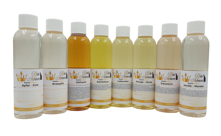 Weihnachtsduft 8 x 250ml Saunaaufguss Konzentrat - u.a. Apfel-Zimt, Bratapfel, Lebkuchen, Orange-Hon
