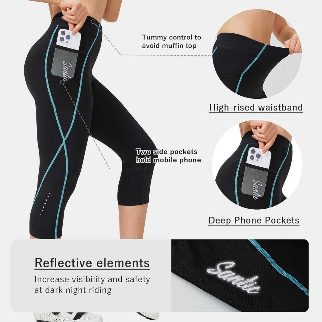 Santic Radlerhose Damen 3/4 Gepolstert Fahrradhose Damen mit Polster Radhose Damen M Schwarz, M Schw