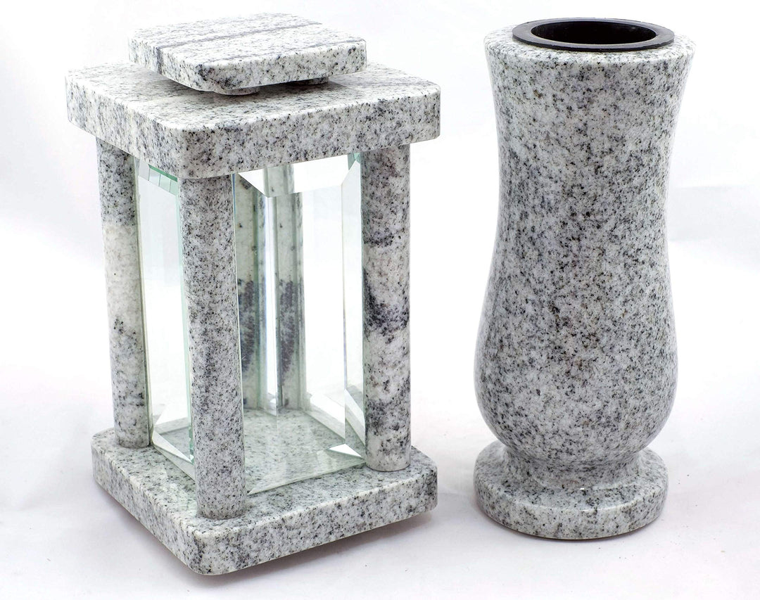 designgrab Modern Grablampe mit Vase aus Granit Viscont White, Grabschmuckset