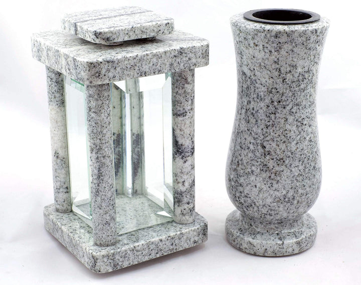 designgrab Modern Grablampe mit Vase aus Granit Viscont White, Grabschmuckset