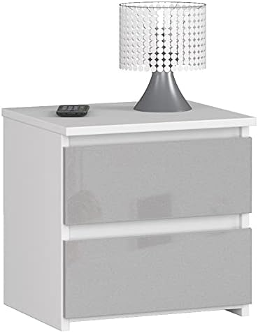 AKORD Nachttisch in minimalistischer Optik, mit 2 Schubladen, B40 x H40 x T35 cm Weiss / Metallic-gl