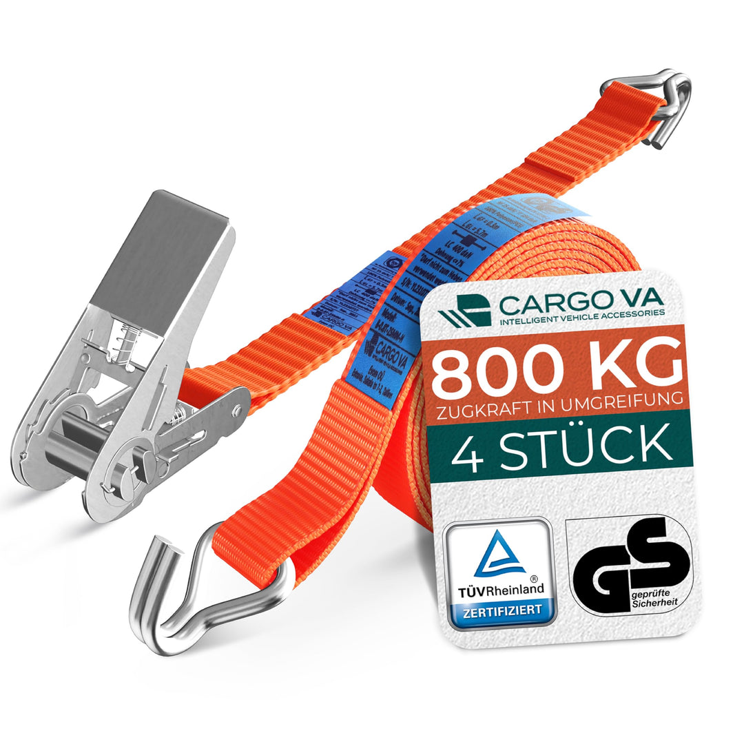 CargoVA® Robuste 800kg Spanngurte mit Ratsche [4er Set] - TÜV/GS Zertifiziert & DIN - Vielseitig Ein