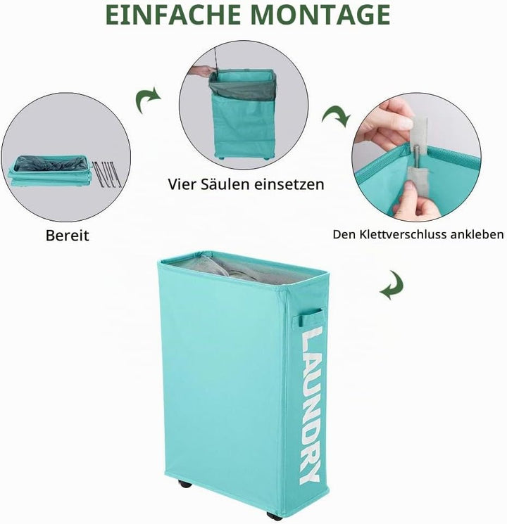 IHOMAGIC Wäschesammler mit Rollen, Wäschekorb Schmal für kleine Nischen - Faltbarer Wäschetonne mit