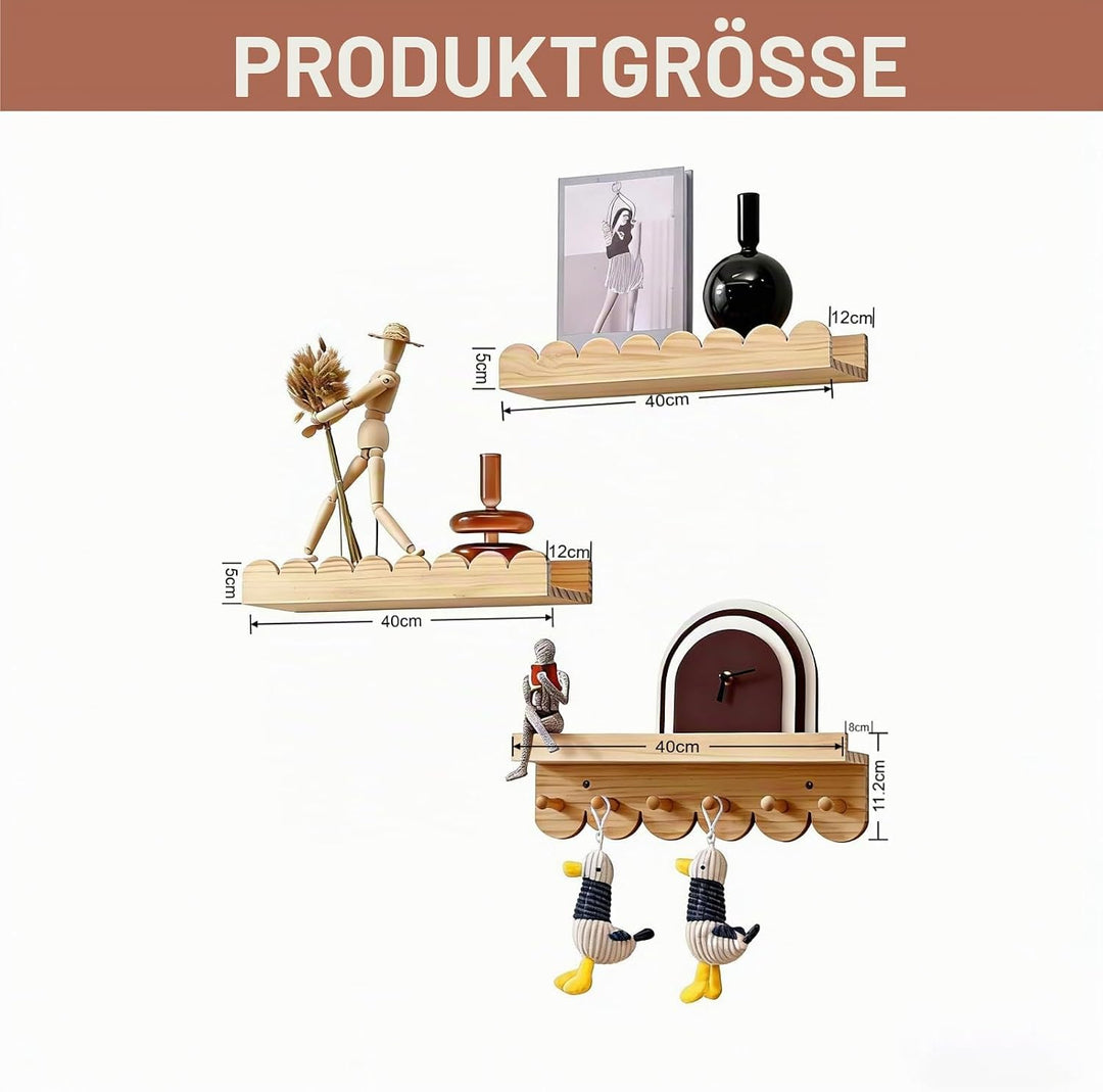 Wandregal Kinderzimmer 3er-Set Massivholz, Montessori Schwebregal 40cm mit sanften Rundungen, Bücher