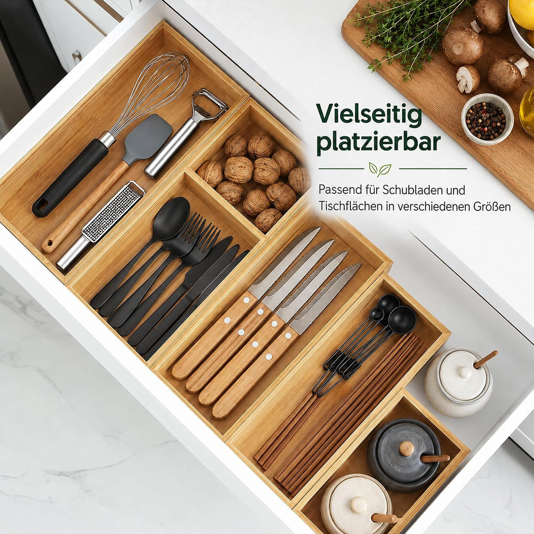 Schubladen Organizer aus Naturbambus 5er Set | Stapelbar, Aufbewahrungsbox Holz, Schreibtisch Organi
