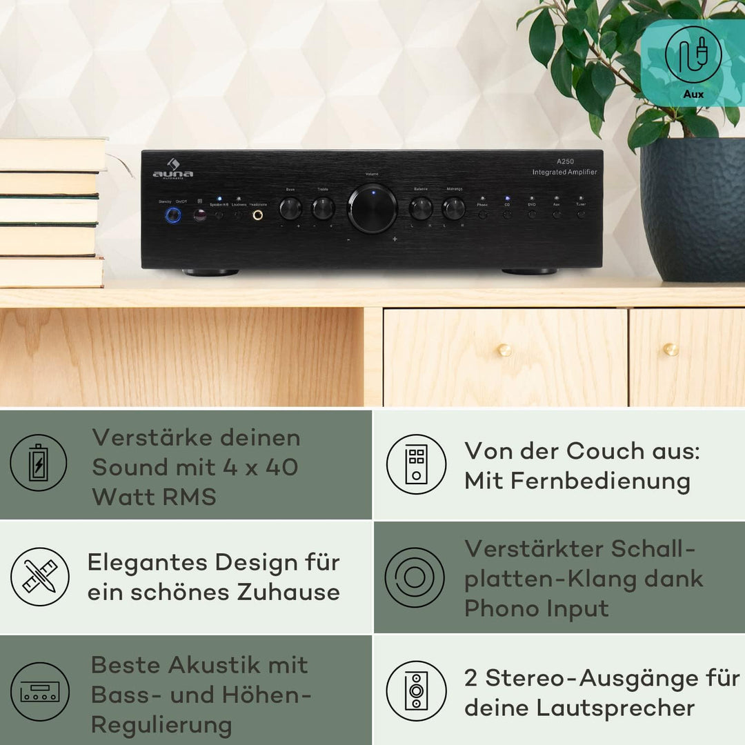 Auna Verstärker, HiFi Stereo Mini Verstärker, HiFi-Verstärker mit Bass & Treble Regler, 2 Kanal Audi