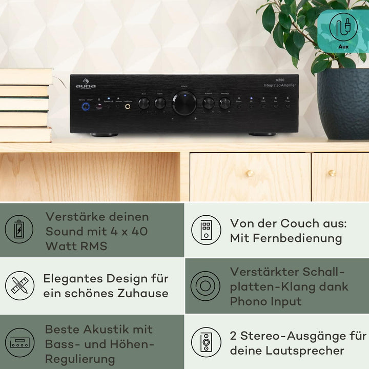 Auna Verstärker, HiFi Stereo Mini Verstärker, HiFi-Verstärker mit Bass & Treble Regler, 2 Kanal Audi