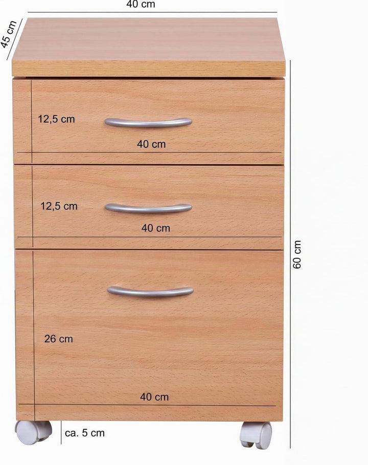 FineBuy Rollcontainer Ottawa 40 x 60 x 45 cm Unterschrank mit Rollen Buche, Rollwagen mit Schubladen