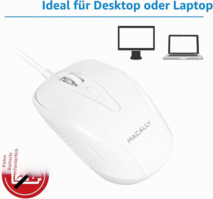 Macally UCTURBO, MacBook Maus USB C, optisch mit Kabel, Mouse für USB-C Notebook und Laptop, weiss /