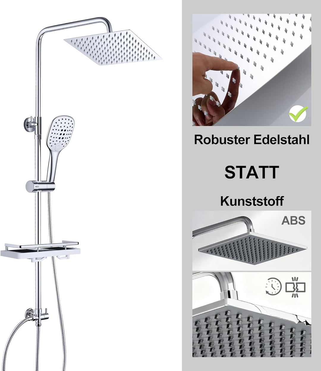 JOHO Regen Dusche Rainshower Überkopfbrauseset Regendusche Duschset Duschsystem mit Ablage Chrom(Kop