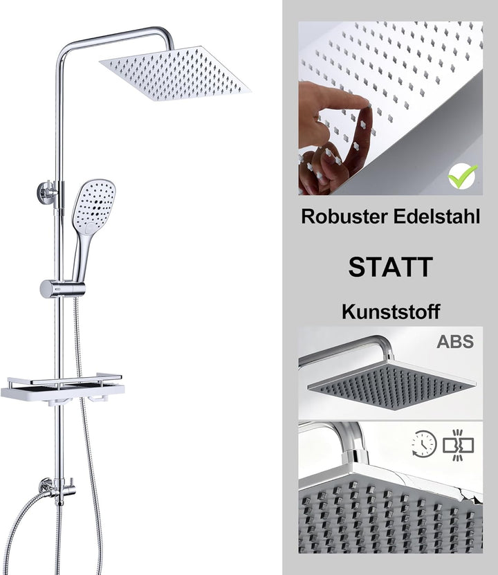 JOHO Regen Dusche Rainshower Überkopfbrauseset Regendusche Duschset Duschsystem mit Ablage Chrom(Kop