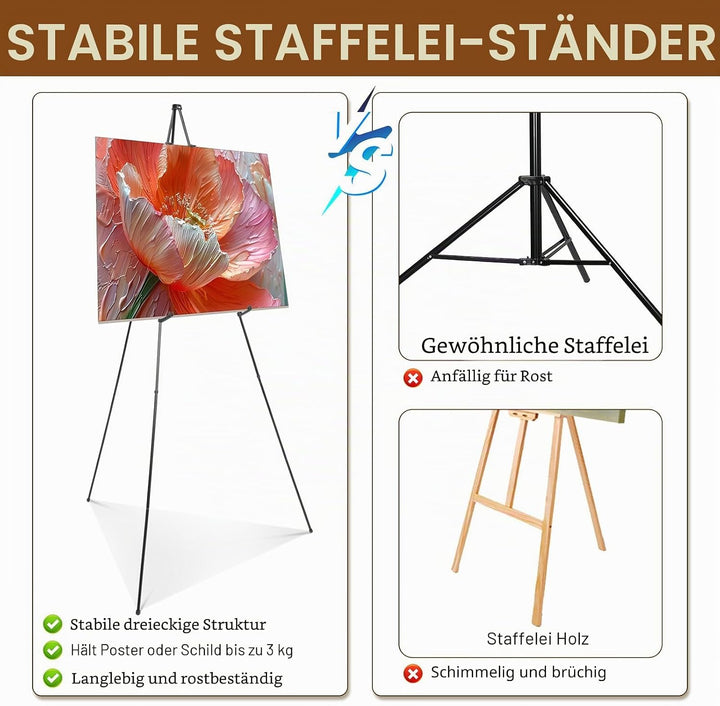AiQInu Staffelei Schwarz, Tragbare Teleskop Künstler Boden Staffeleien Verstellbares Stativ Leinwand