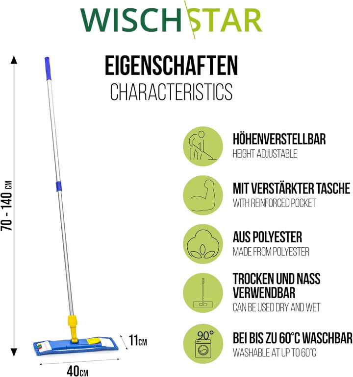 Wisch-Star Wischmopp-Set 40 cm mit Microfaserbezug, Teleskopstiel und Magnetklapphalter, Profi-Quali